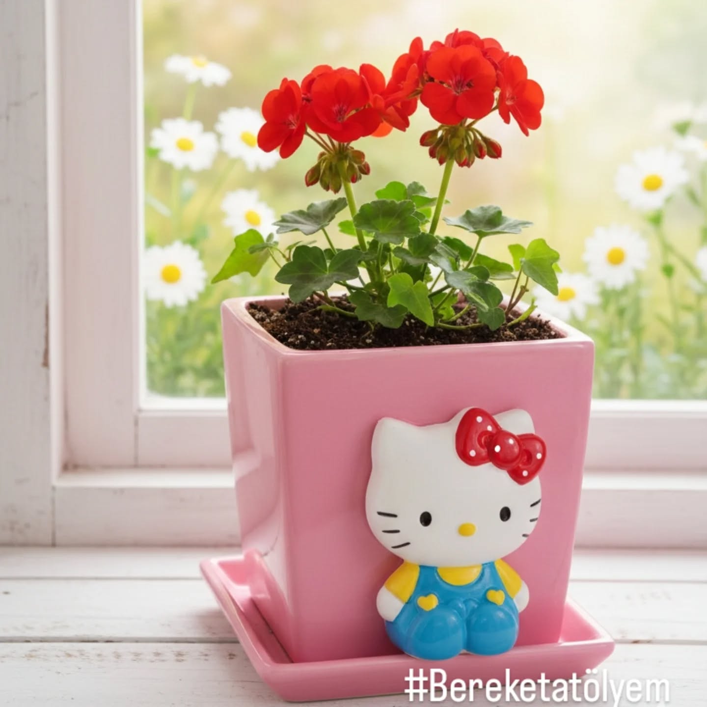 Kedi Karakter Kabartmalı Pembe Saksı
